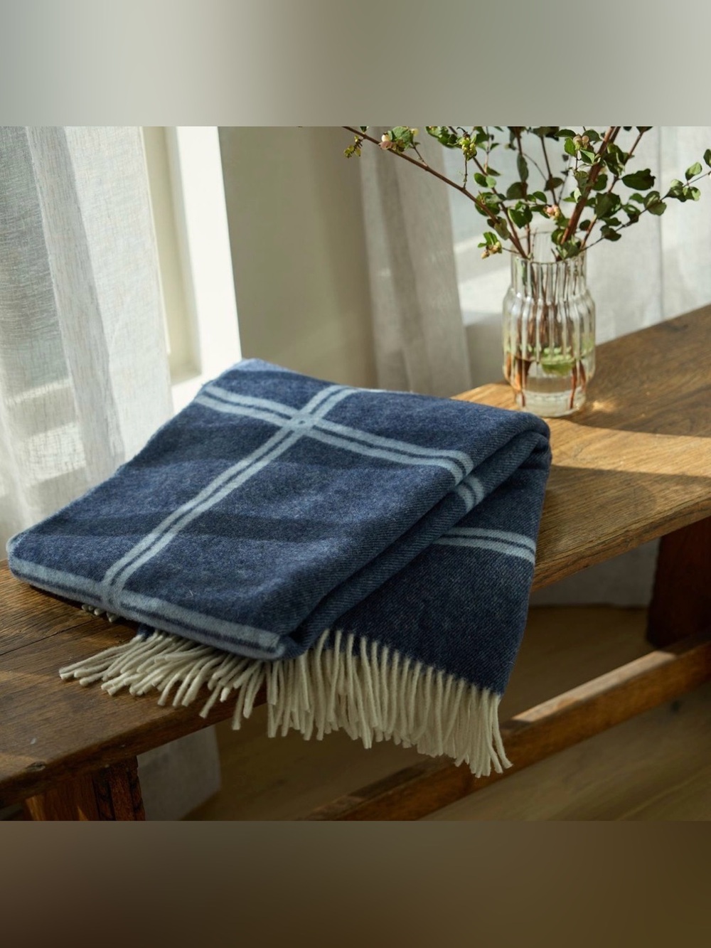 NWT Cozy Earth Cortina Throw Blanket - Wool Cashmere Plaid Luxury Navy Sky Blue